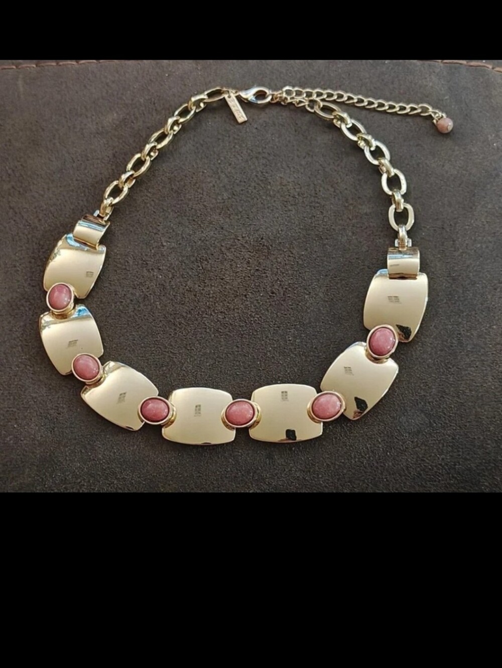WHBM Gold Tone Rectangular Panel Pink Rhodonite Choker Statement Collar Necklace